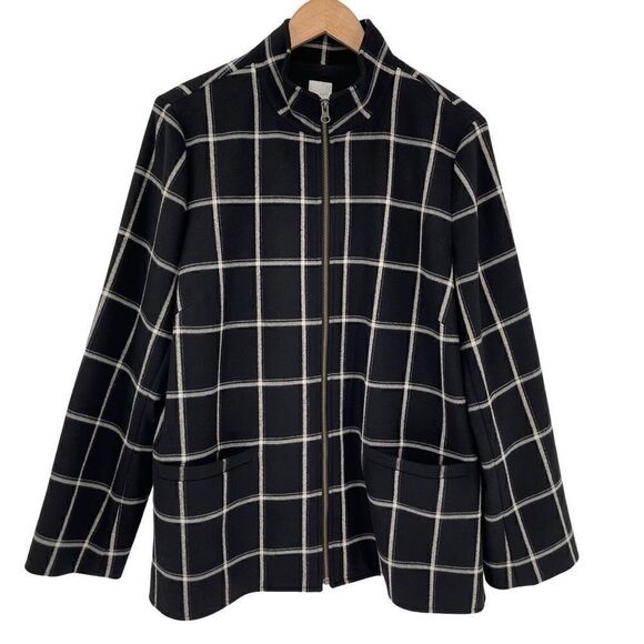 J Jill Windowpane Coat Zip Up Soft Warm Pockets Women Large Black White - Picture 1 of 5